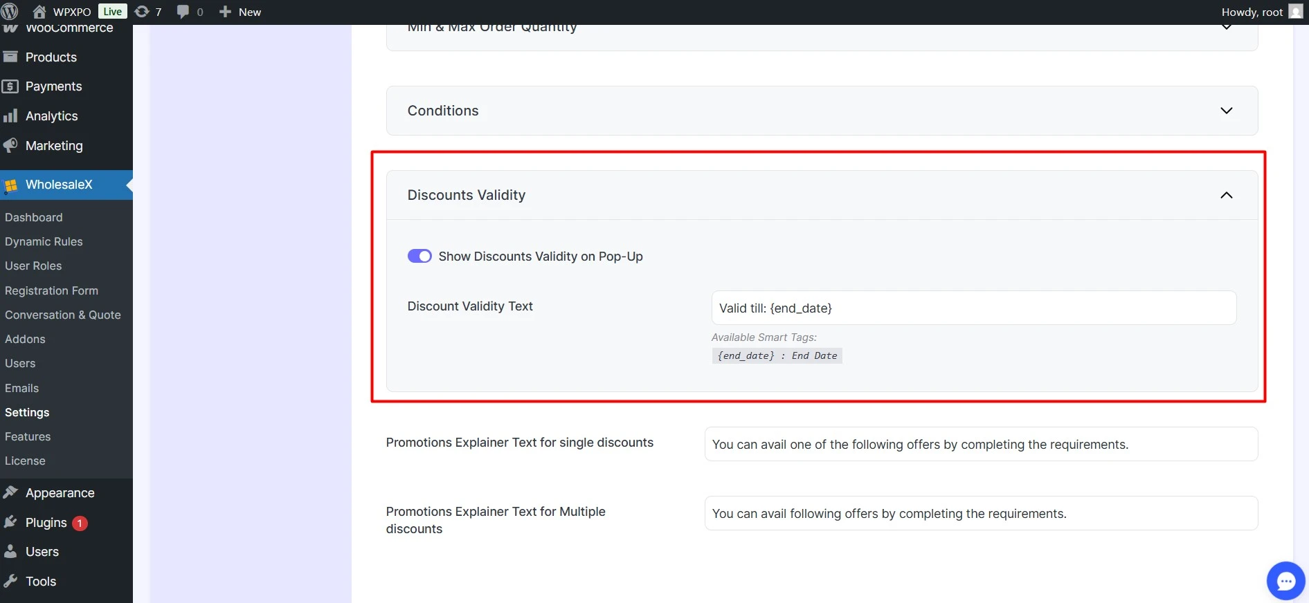 Enabling Discount Validity Text