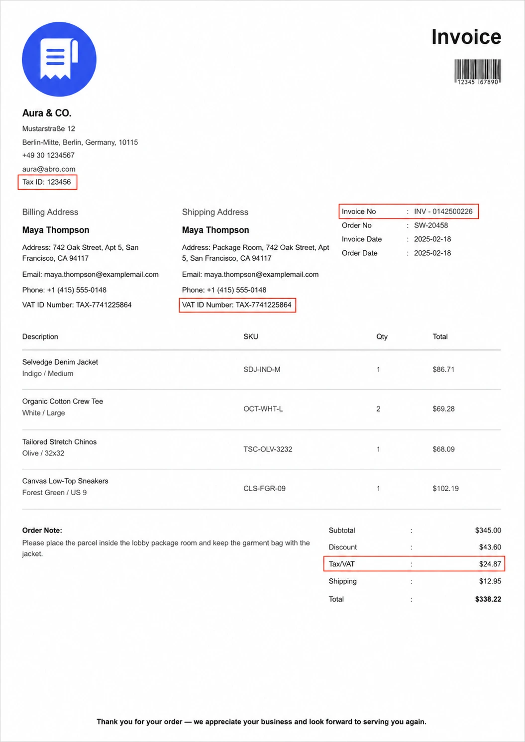 A sample invoice, with key fields like Tax ID, Invoice Number, VAT ID, and Tax amount.
