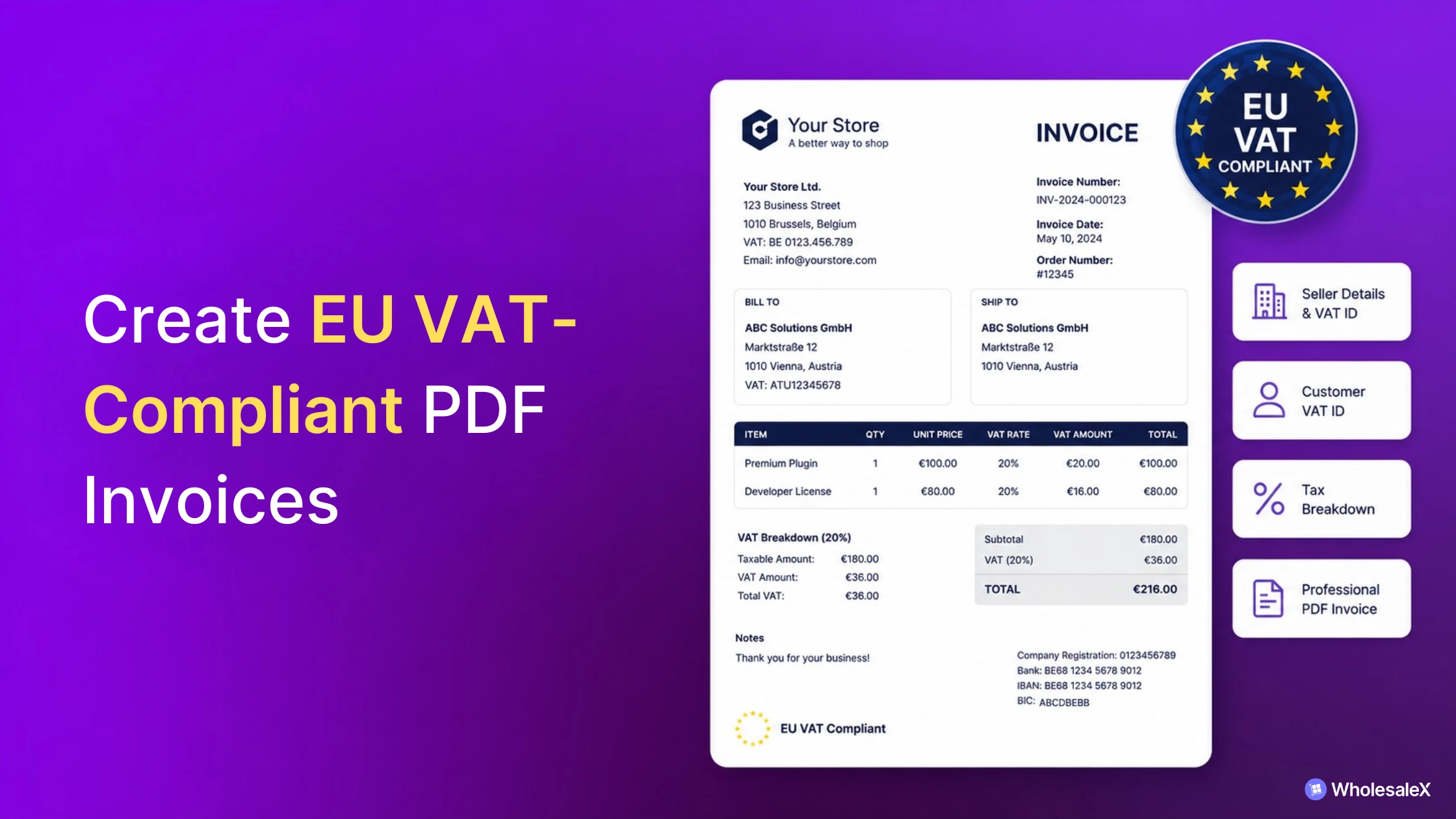 A promotional banner graphic featuring text that reads "Create EU VAT-Compliant PDF Invoices" on a purple background next to a sample invoice document, an "EU VAT Compliant" badge, and key feature icons.