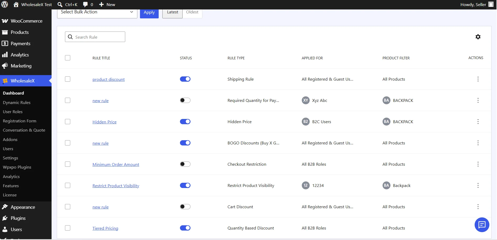 Dashboard table showing a list of active and inactive dynamic rules in WholesaleX.