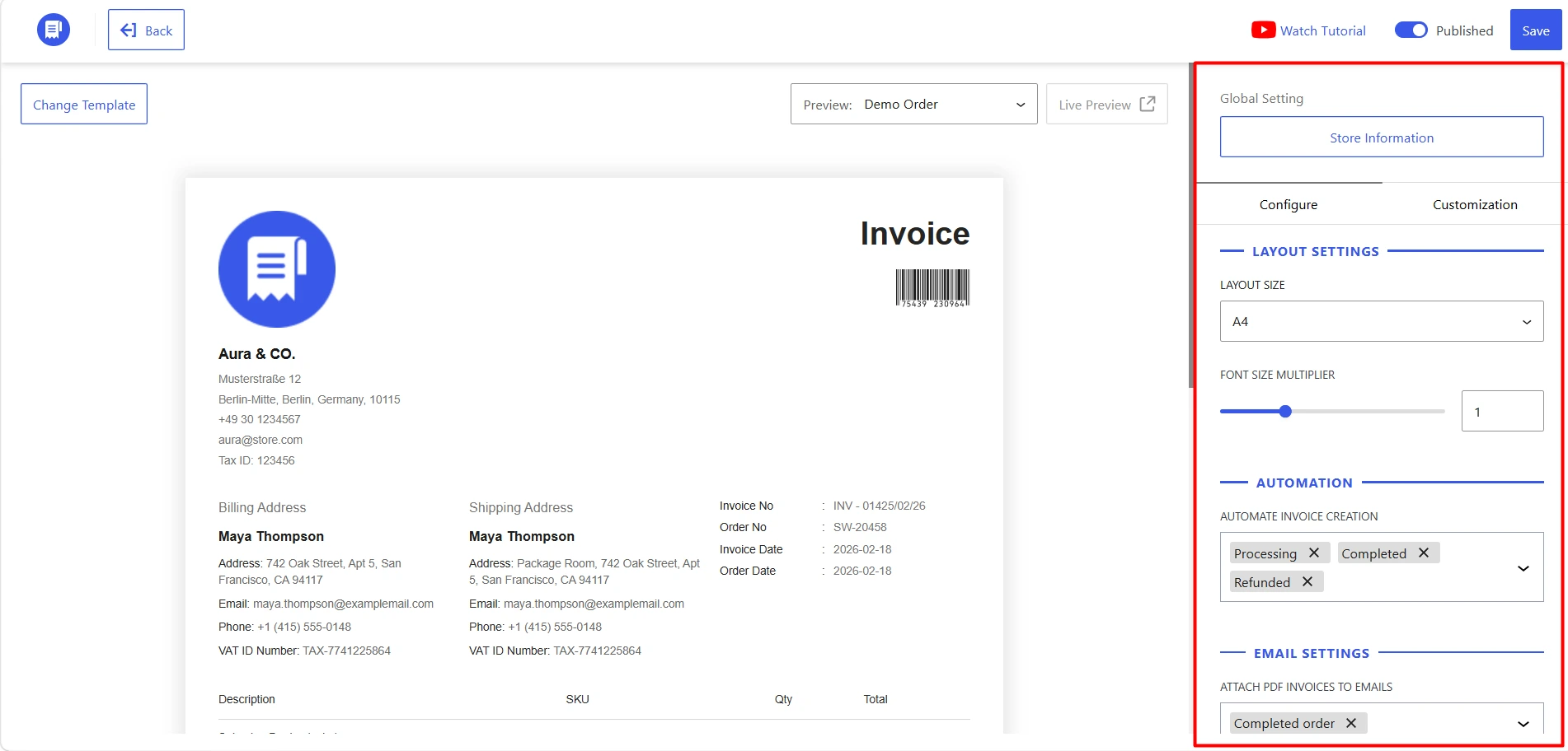 A dashboard interface showing a live preview of an invoice alongside a right-hand "Global Setting" configuration panel highlighted in a red box.