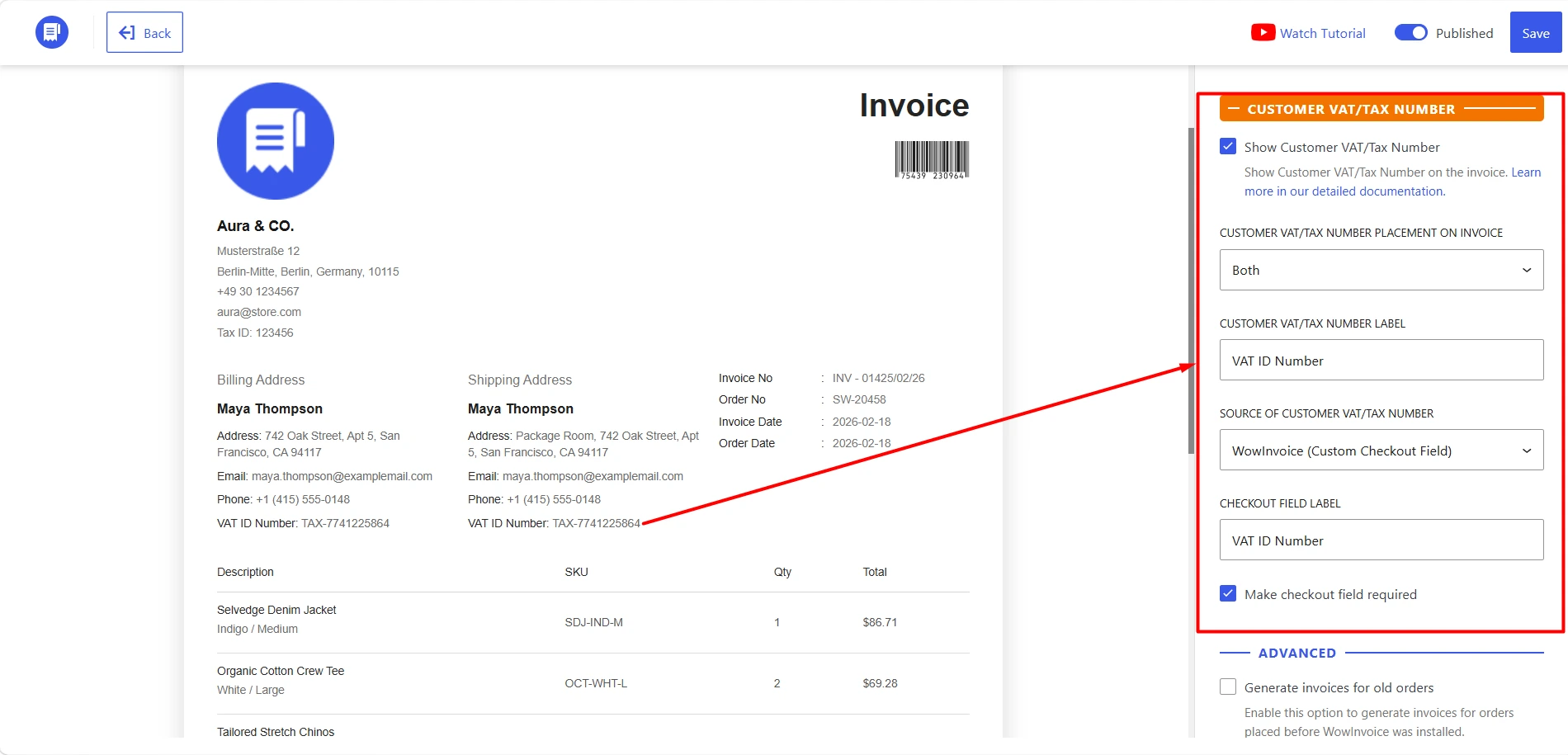 WowInvoice configuration screen showing an active "Customer VAT/Tax Number" settings panel on the right, with a red arrow pointing to where the configured "VAT ID Number" field dynamically renders on the invoice preview to the left.