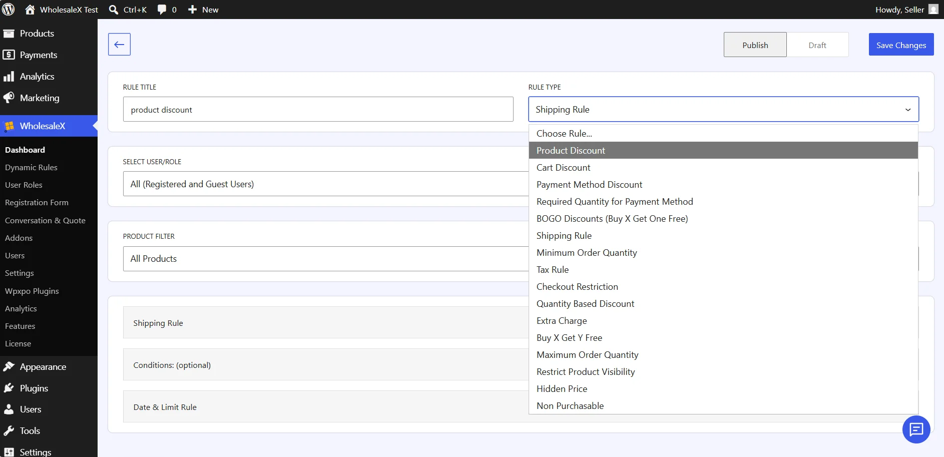 Dashboard interface showing an expanded "Rule Type" dropdown menu with multiple wholesale rule options.
