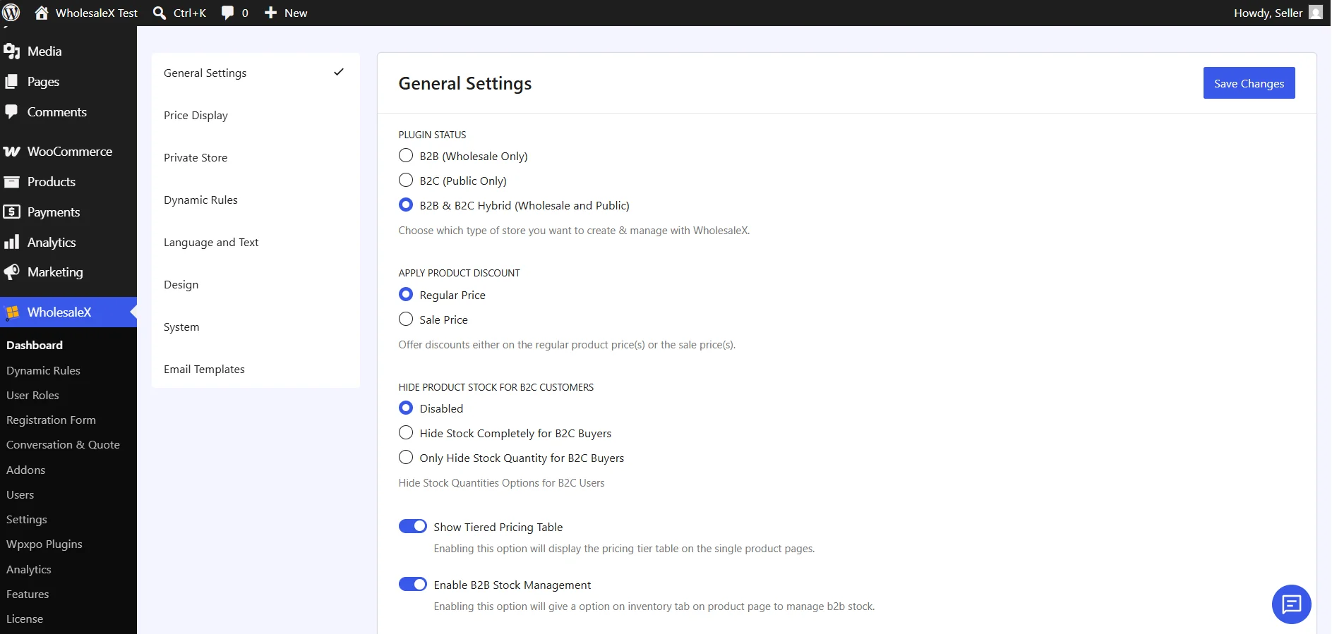Settings configuration page for a wholesale plugin backend interface including multiple tabs
