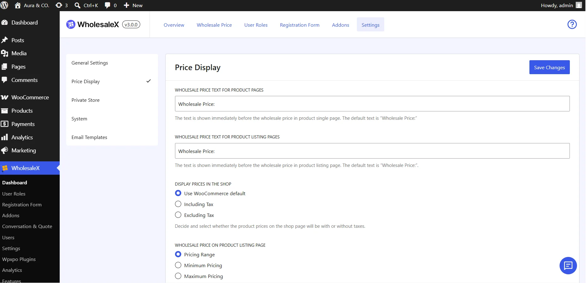 Dedicated Price Display settings interface for a wholesale plugin backend dashboard