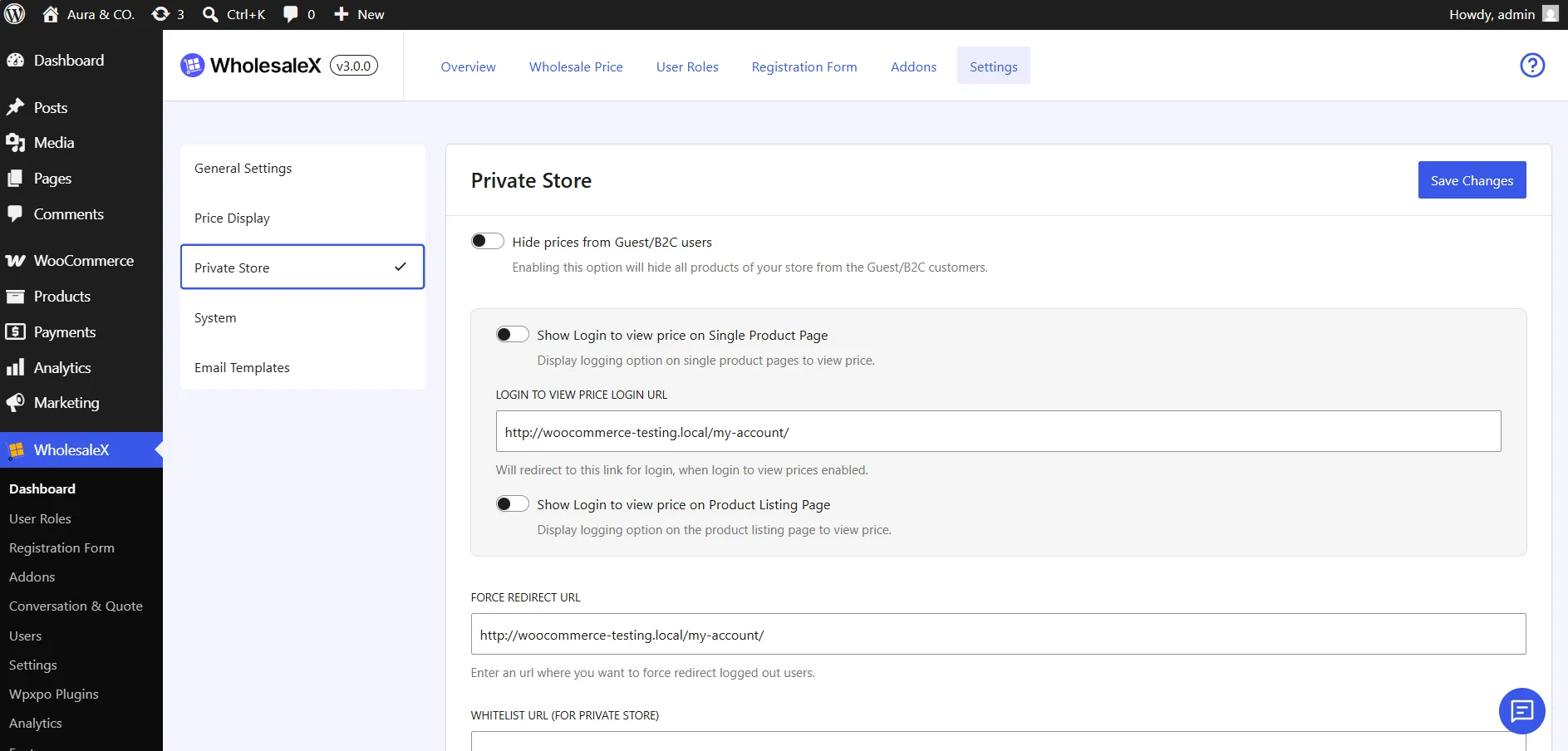Screenshot displaying private store configuration settings to restrict pricing visibility for guest or B2C users.