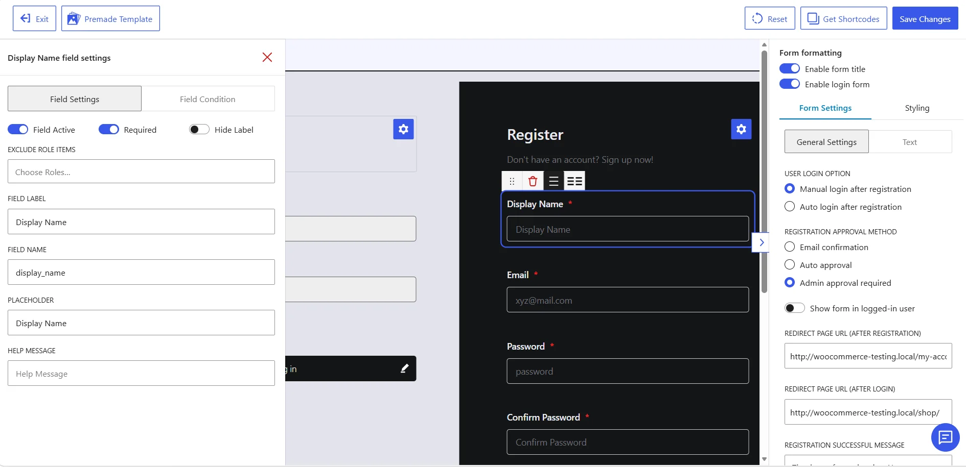 Registration form builder dashboard with field settings and approval configuration panels 