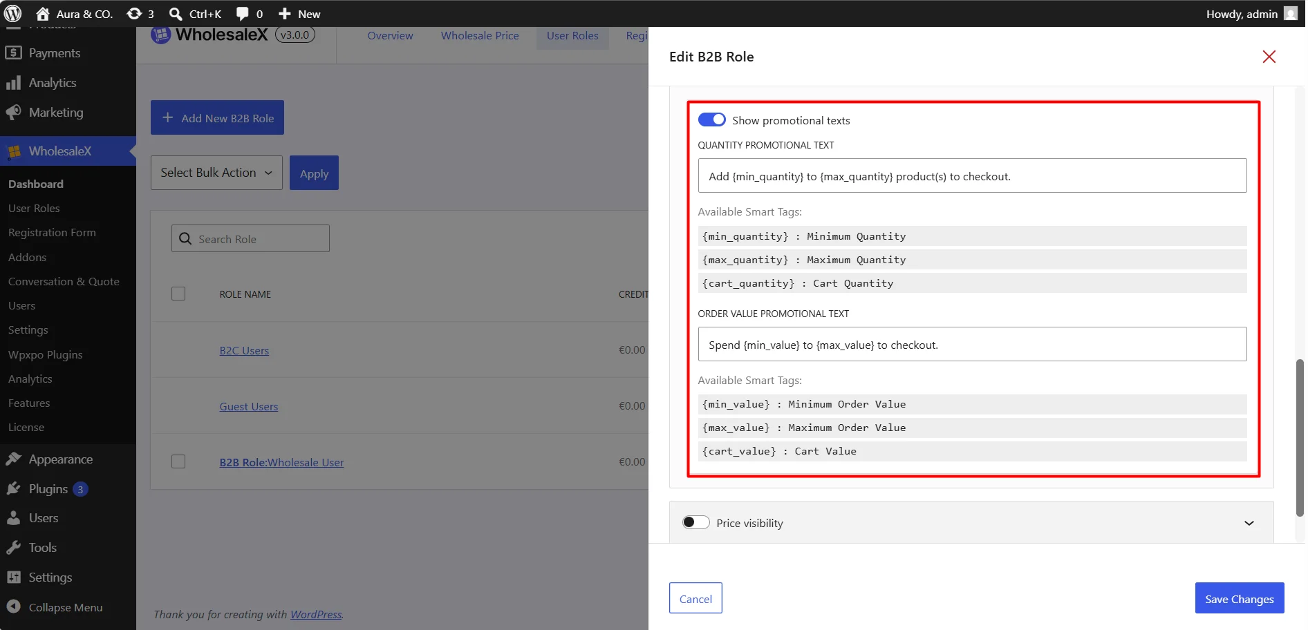 Screenshot displaying the use of smart tags like min_quantity and max_value to customize wholesale role promotional messages.