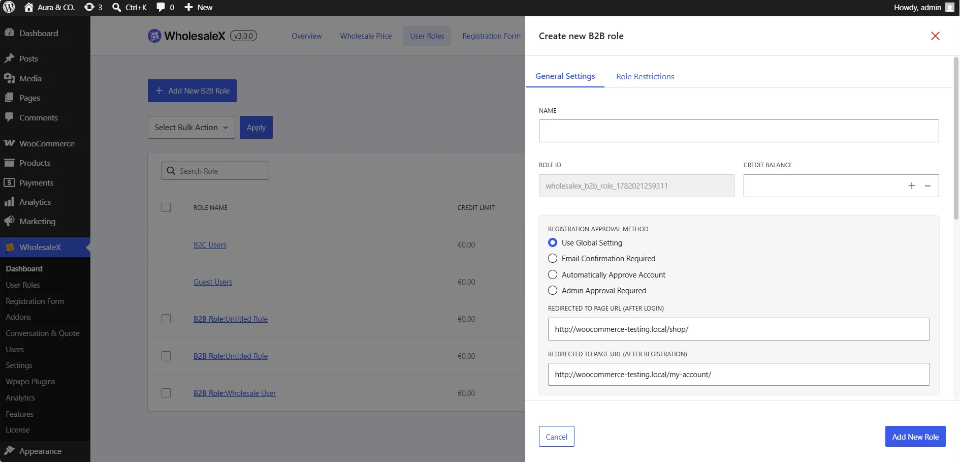Create new B2B role interface panel open on a wholesale plugin backend dashboard