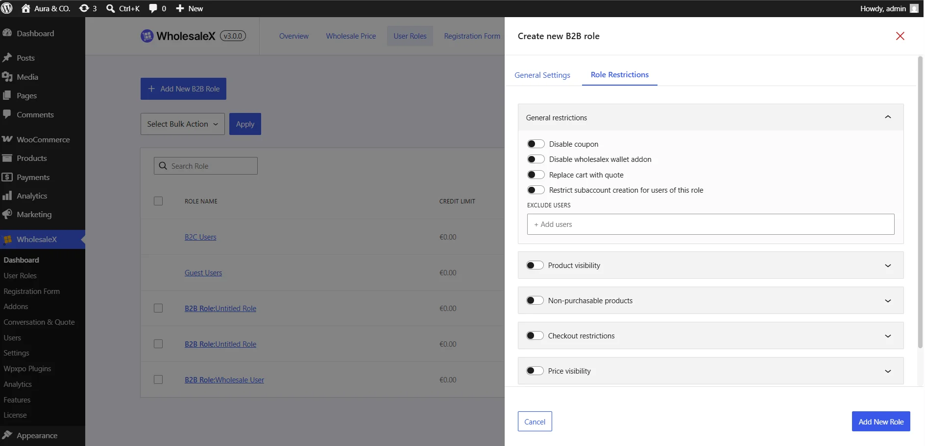 Role Restrictions configuration panel open on a wholesale plugin user roles dashboard