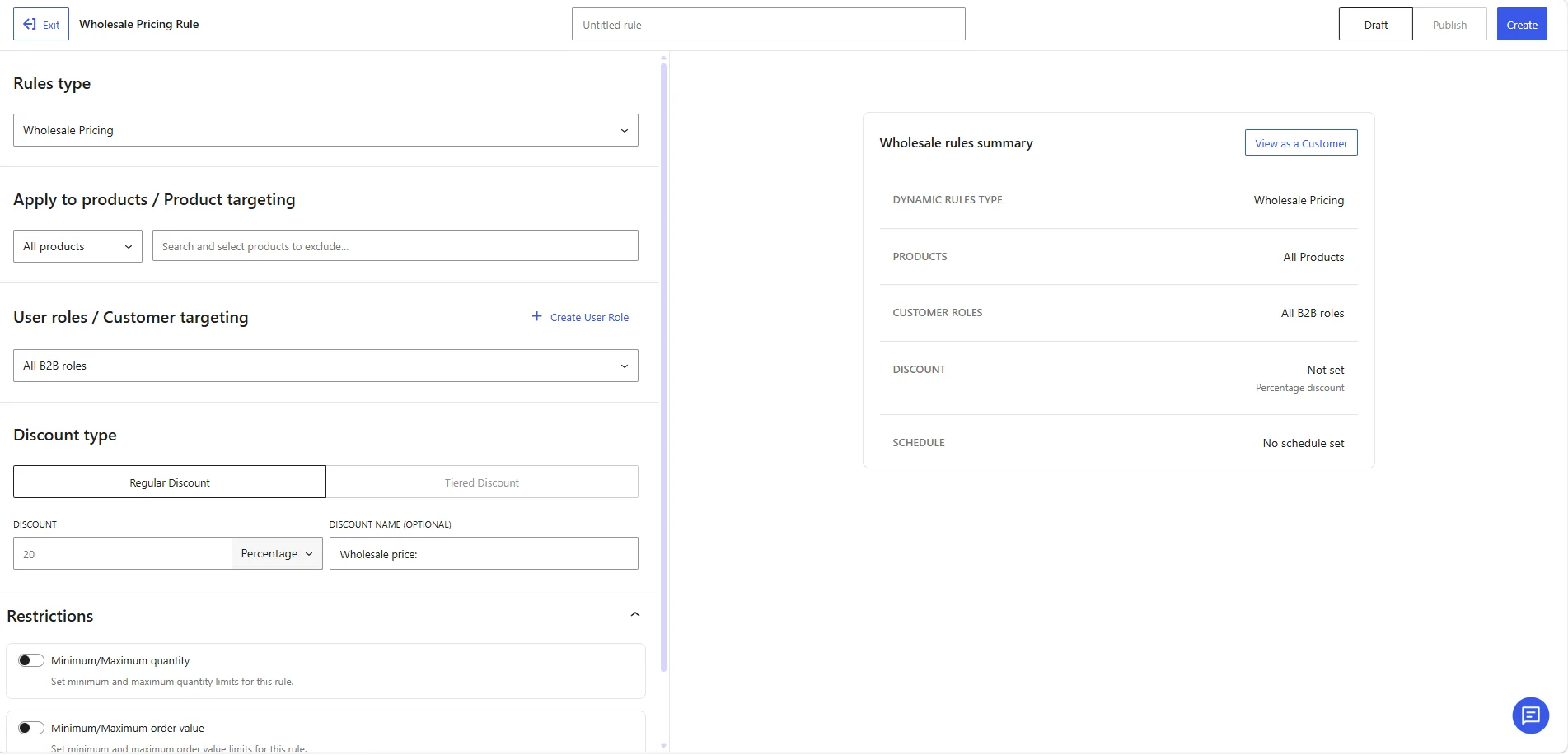 Interface displaying product targeting, customer roles, and discount settings for a wholesale rule.