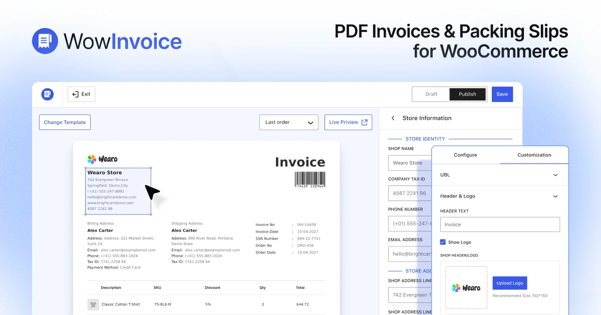 Screenshot of PDF invoice plugin WowInvoice 