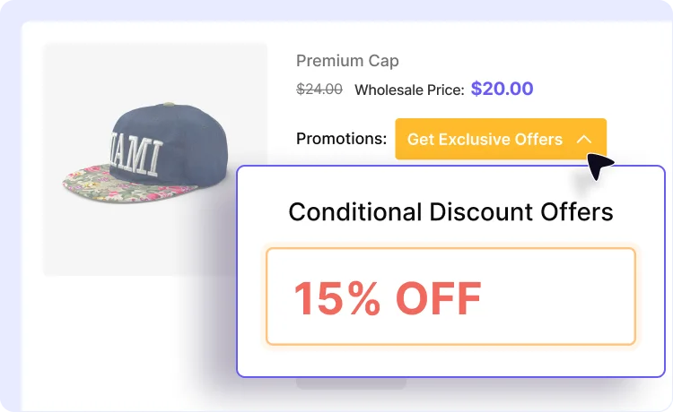 Product page promotion popup showing conditional cart discount details and wholesale price.