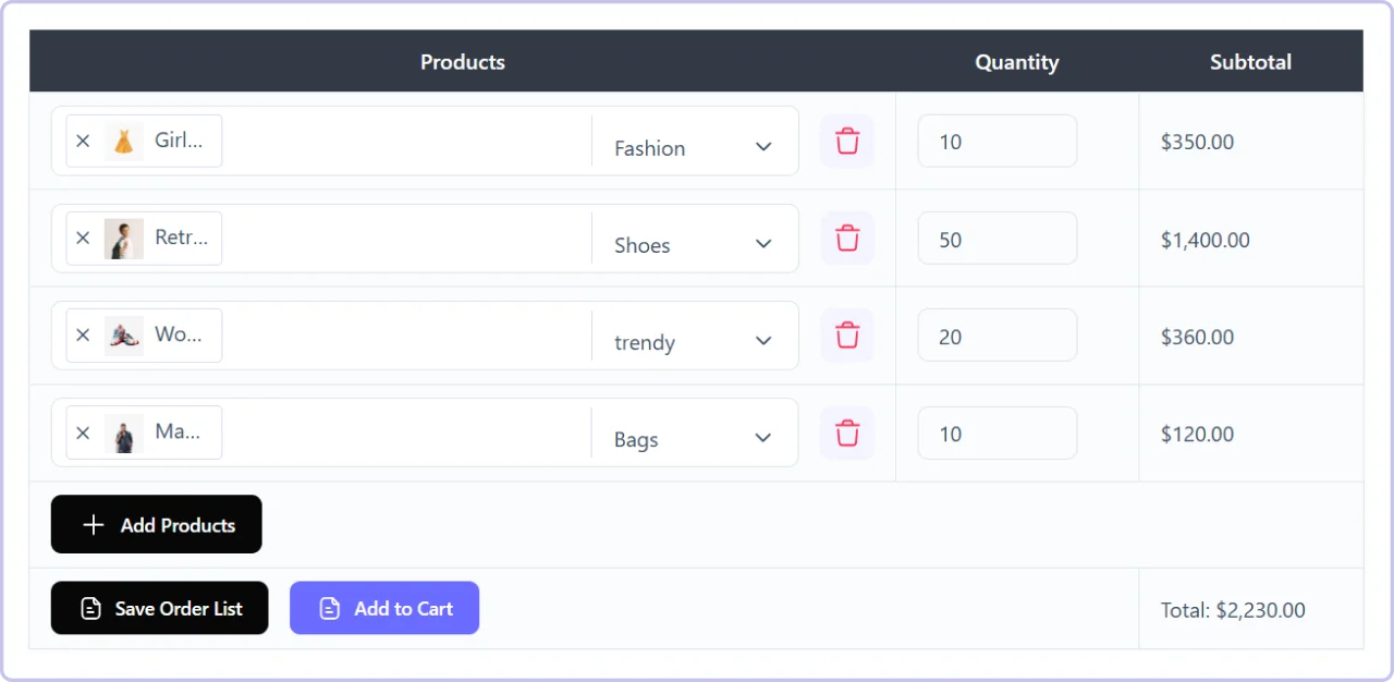 Interactive bulk order form with product category dropdowns, quantity inputs, and Save Order List button built with a WooCommerce wholesale plugin.