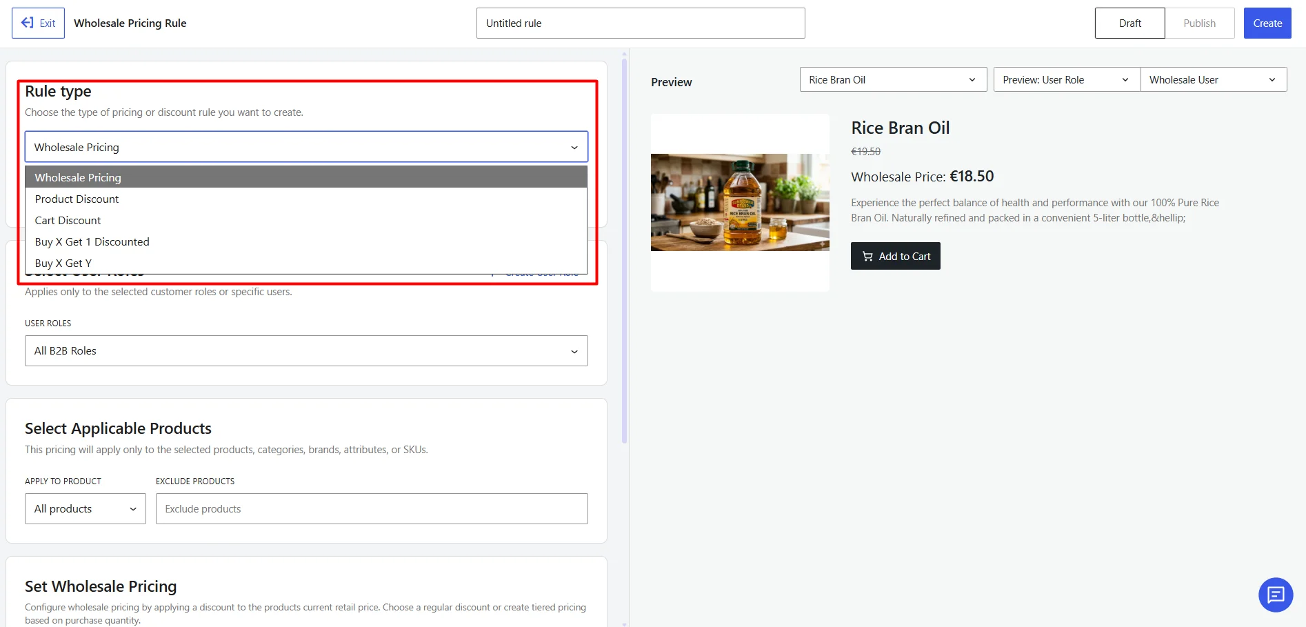 Selecting Wholesale Pricing Rule type from dropdown menu in WholesaleX rule settings