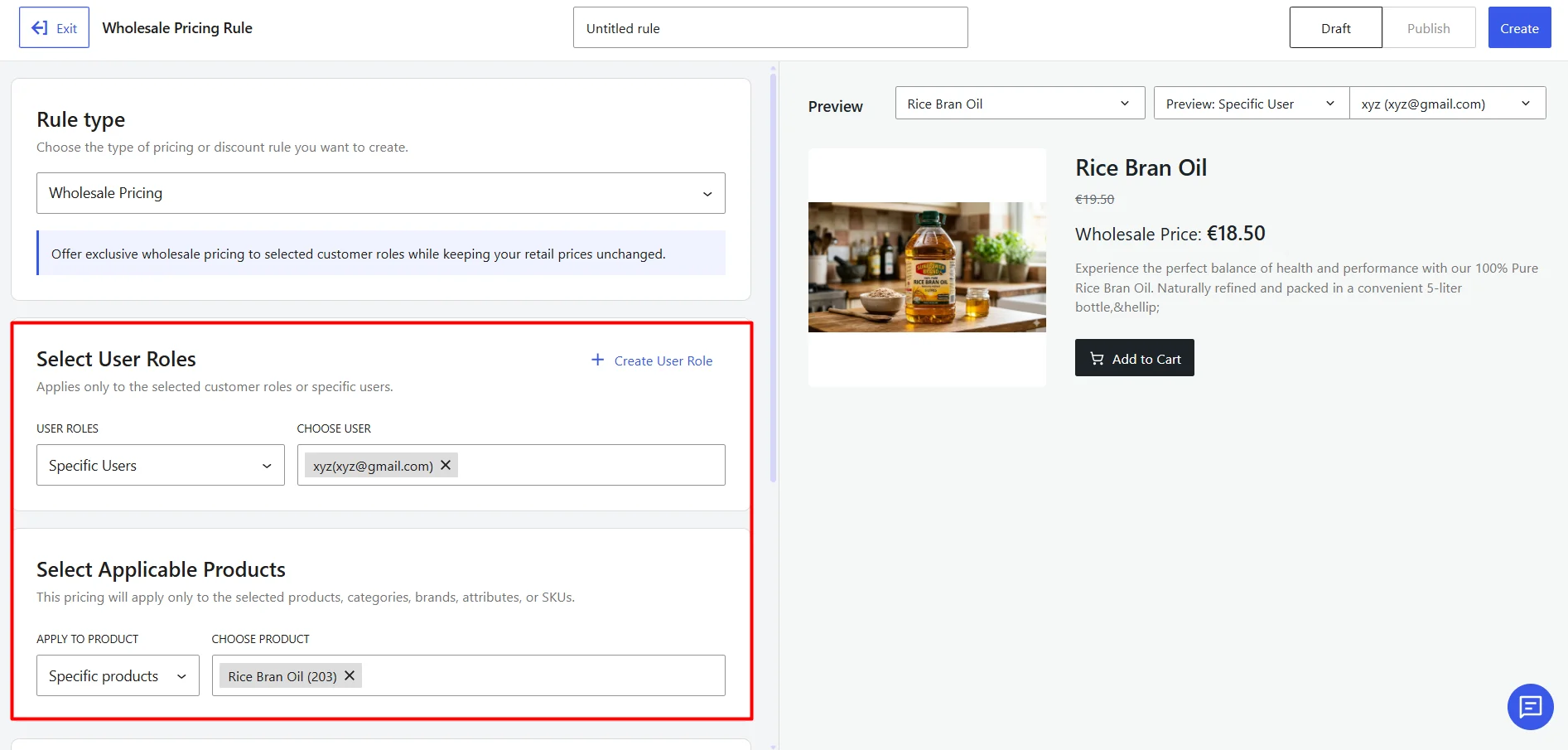 Selecting specific user and applicable product in WholesaleX Wholesale Pricing Rule settings