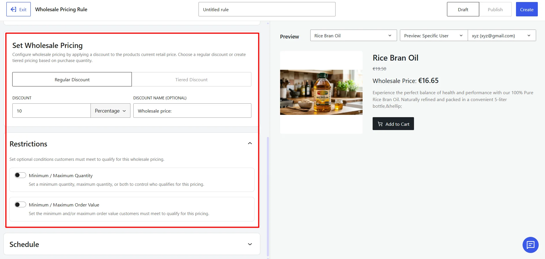 Configuring regular percentage discount and pricing restrictions in WholesaleX rule settings