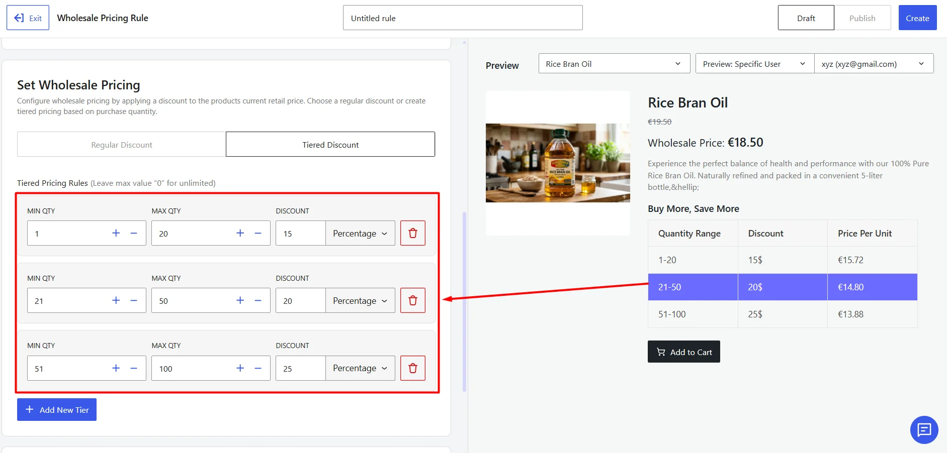 Configuring tiered discount percentage rules based on quantity ranges in WholesaleX