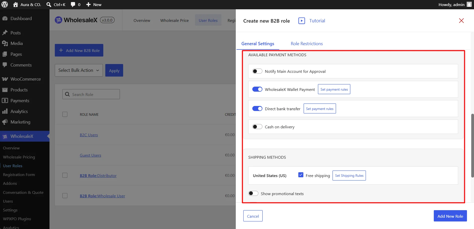 Configuring Available Payment Methods and Shipping Methods in WholesaleX Create new B2B role modal