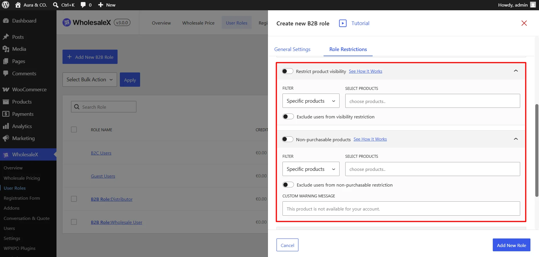 Configuring Role Restrictions for product visibility and non-purchasable products in WholesaleX