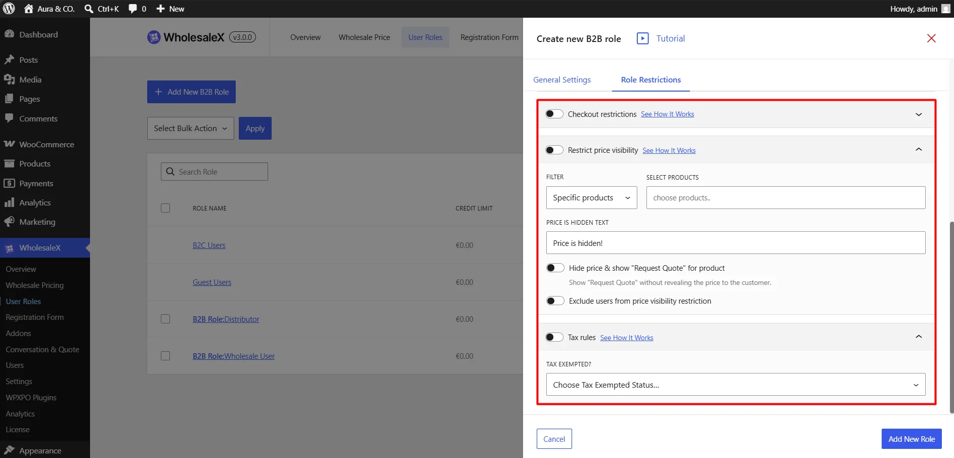 Setting up price visibility restrictions and tax rules for B2B roles in WholesaleX