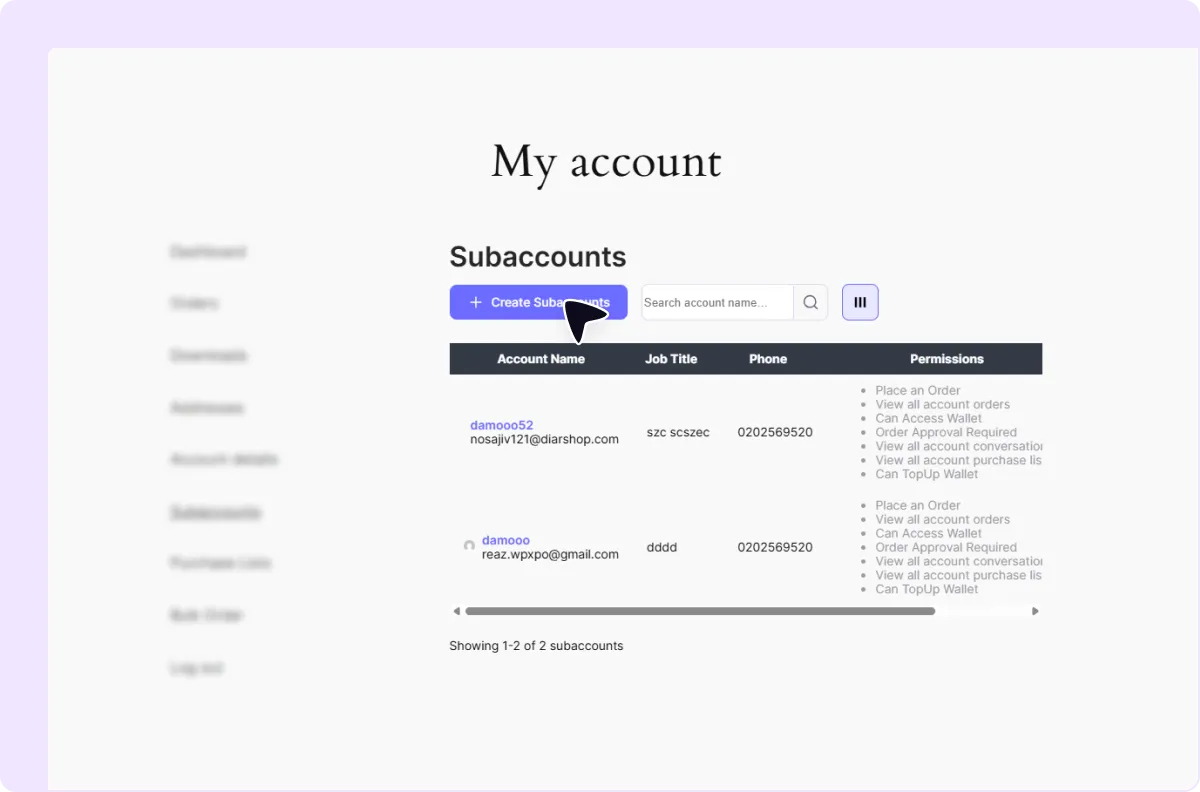 Wholesale customer viewing and creating team subaccounts from the WooCommerce My Account page