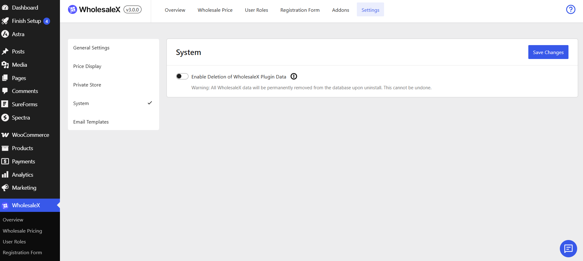 enable deletion of wholesalex plugin data
