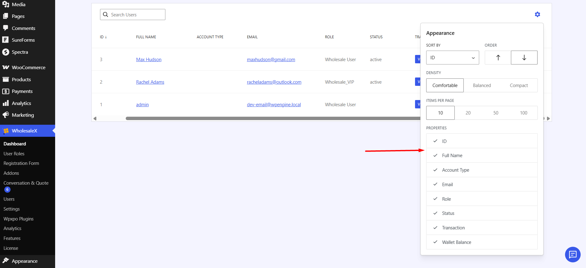 customizing appearance settings of user dashboard