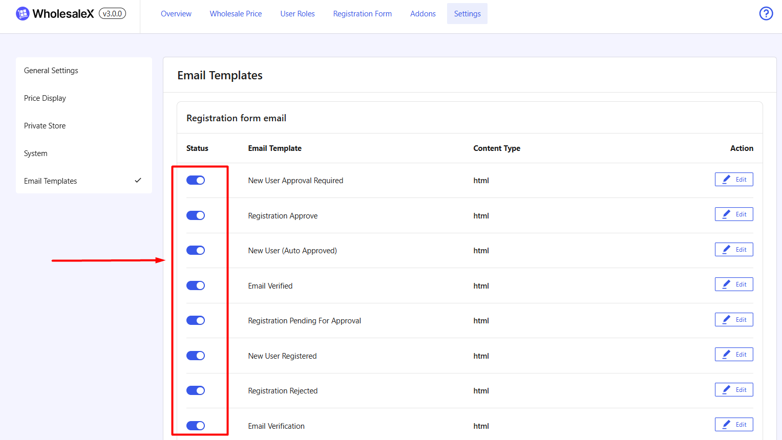 enable or disable email notification