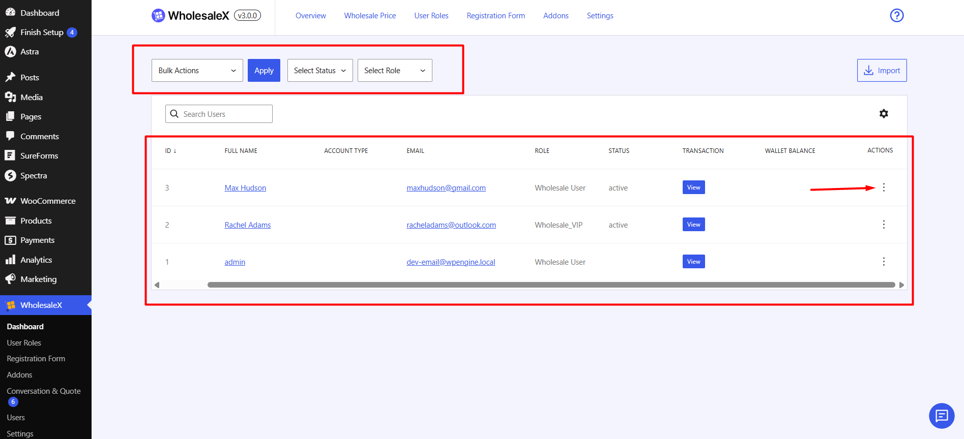 filtering users in wholesalex dashboard