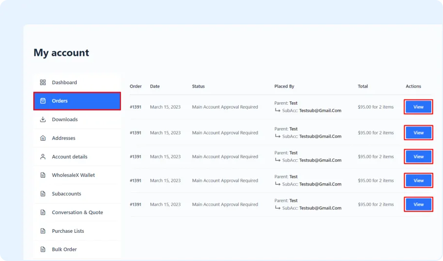 Orders placed by subaccounts displayed under the main wholesale customer account