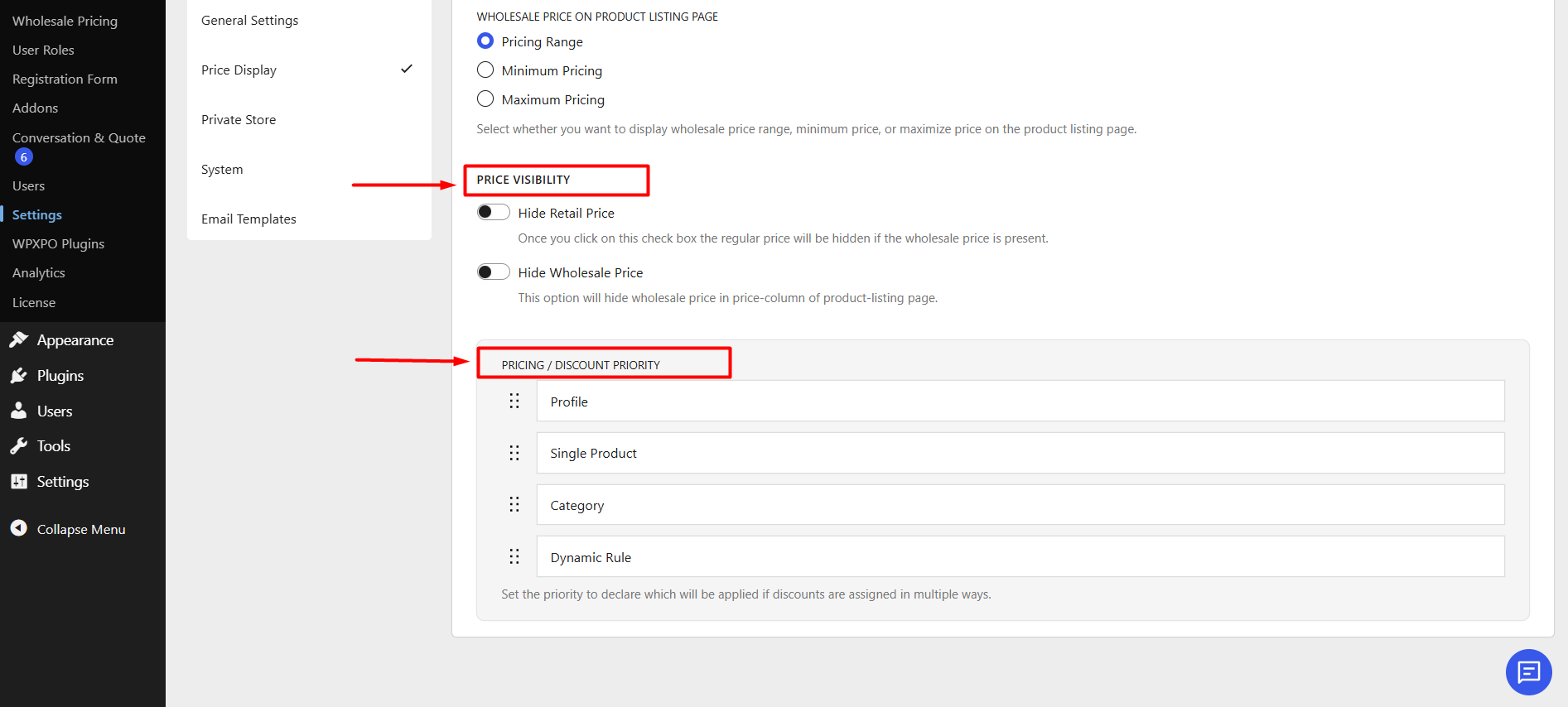 price visibility and price discount priority settings