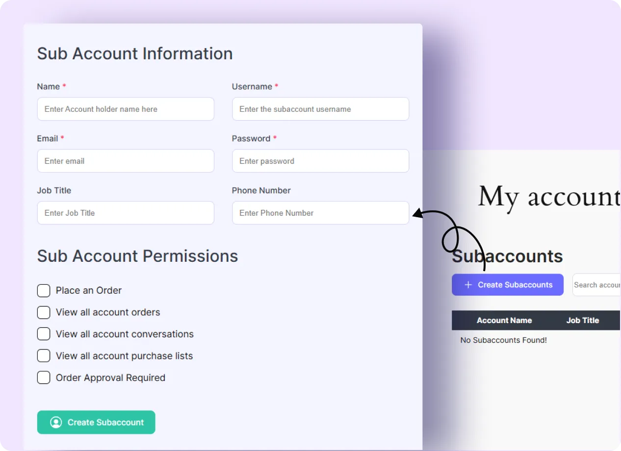 Creating a wholesale subaccount with contact details and account permissions 