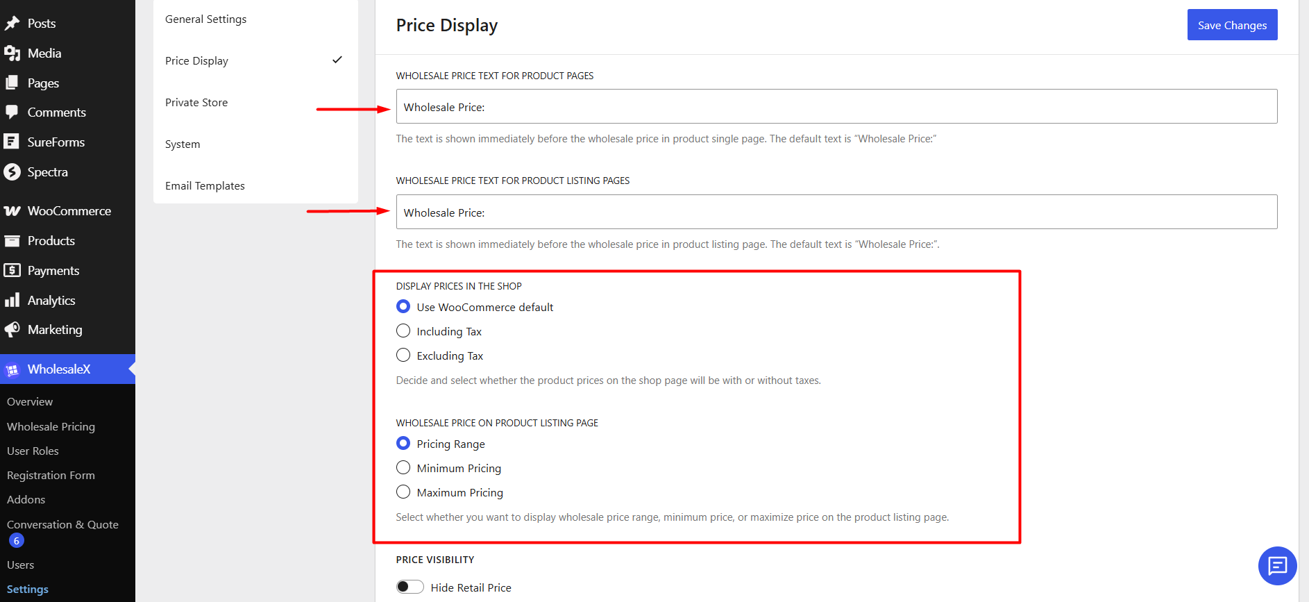 wholesale pricing text display settings