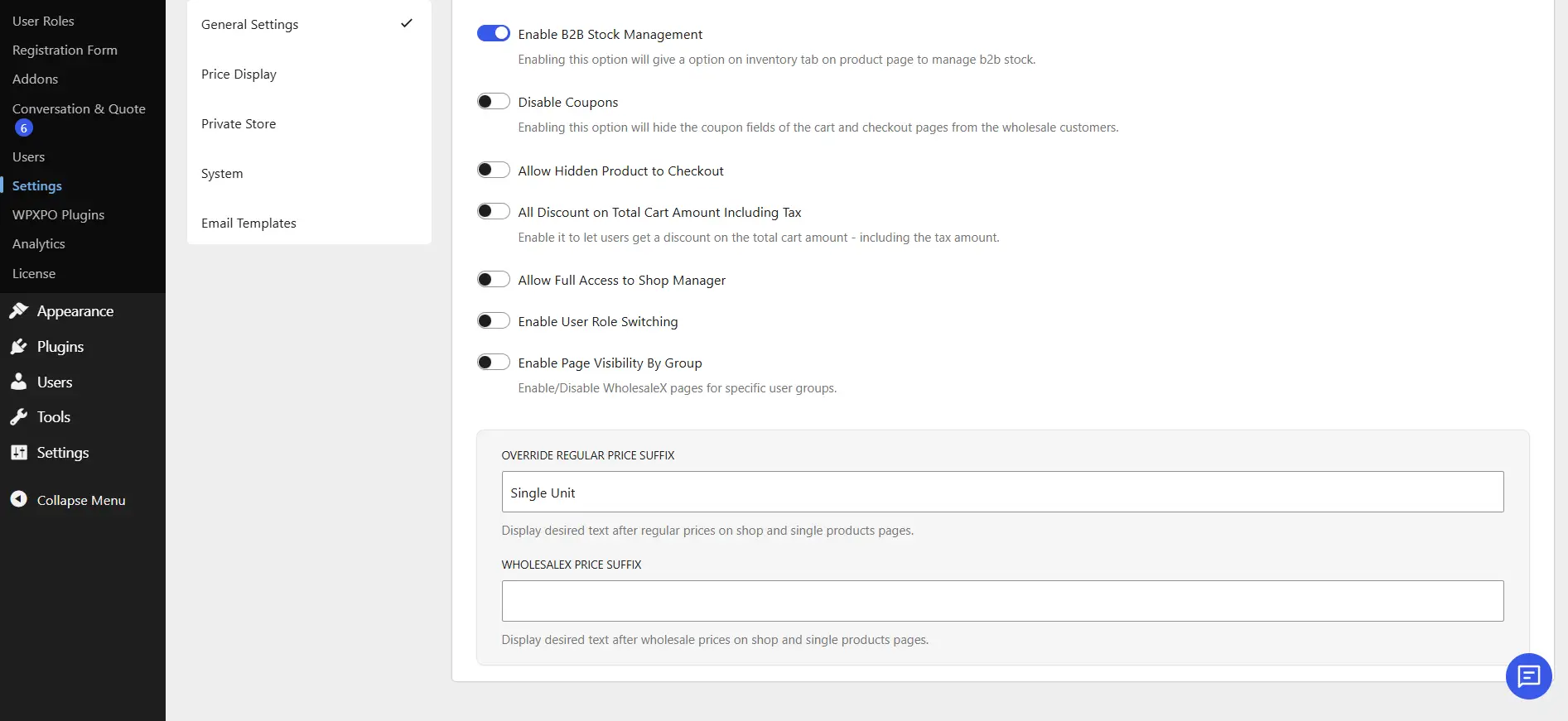 WholesaleX more settings options