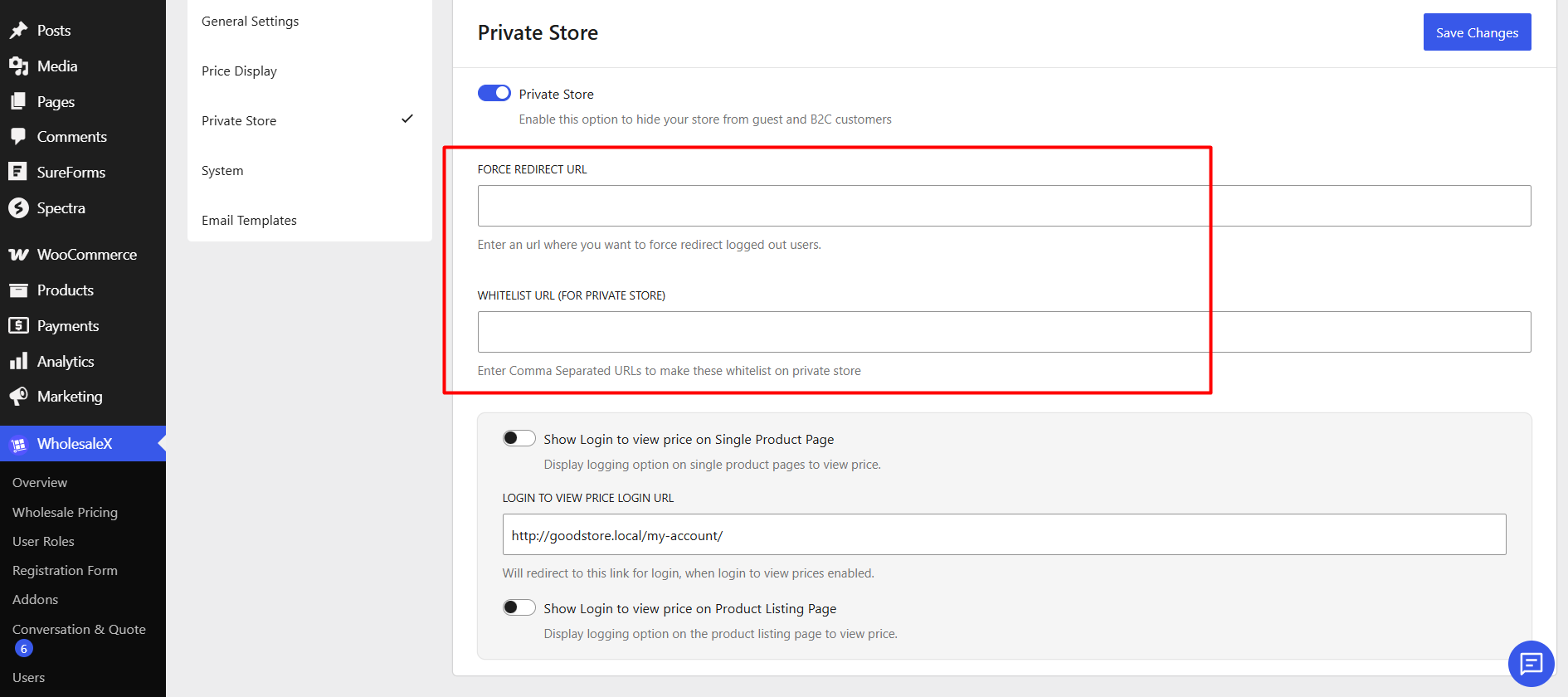 wholesalex private store force redirect url and whitelist url