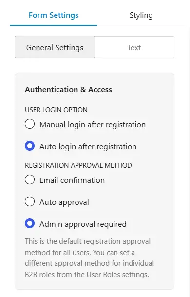 Authentication and Access Settings in the Registration Form