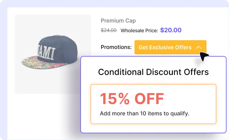 Product page promotion popup showing conditional cart discount details and wholesale price.