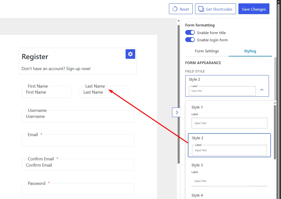 Field Style Selection in the registration from builder