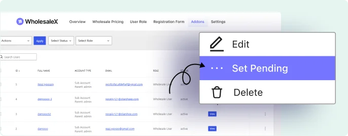 Managing wholesale subaccounts with edit, pending status, and delete actions in WholesaleX