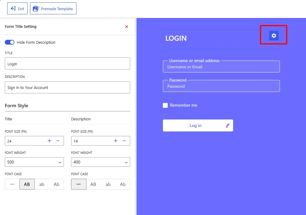 Login Form Title Settings