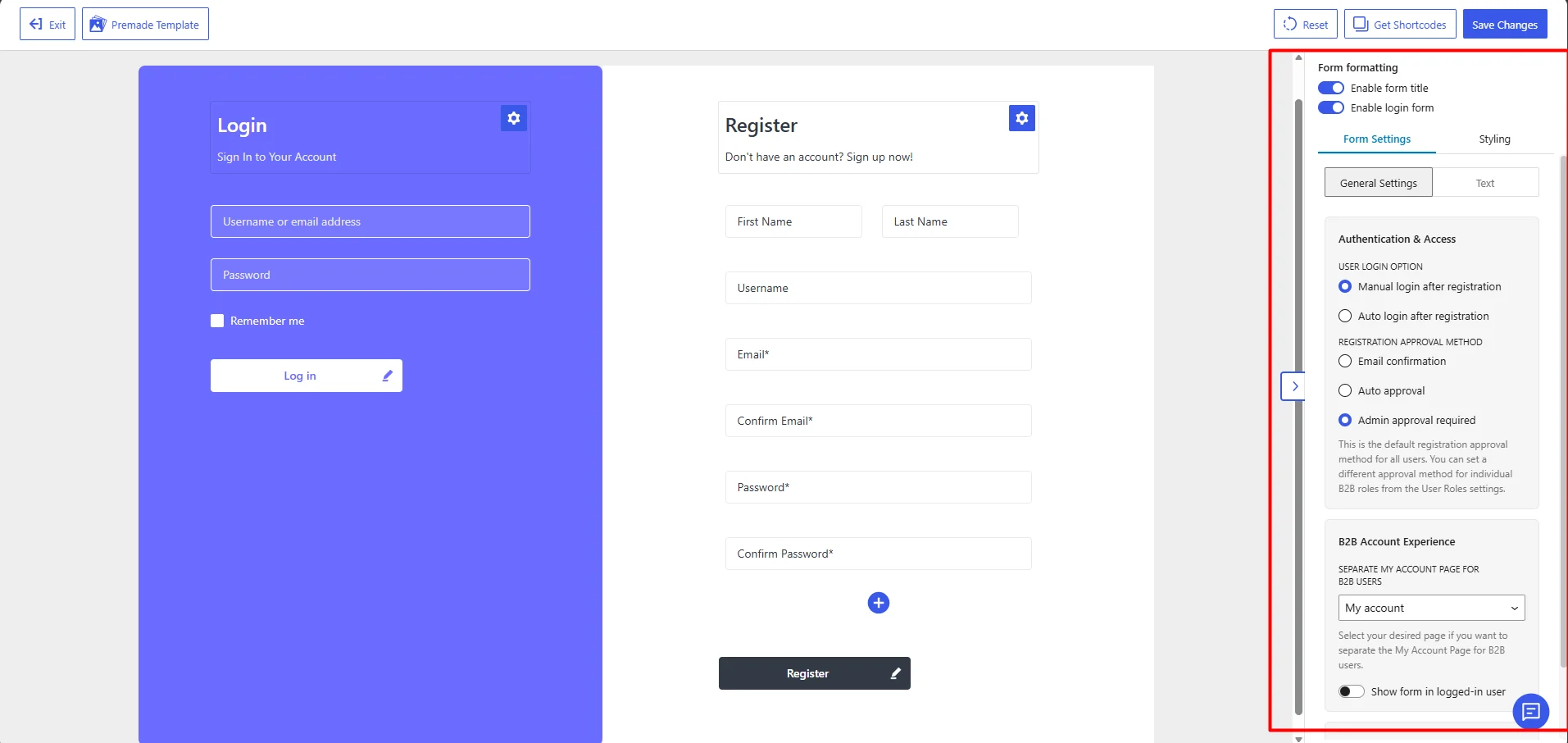 Login & Registration form sidebar settings
