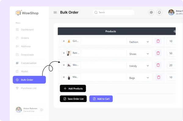 Wholesale bulk order form displayed in the WooCommerce My Account dashboard