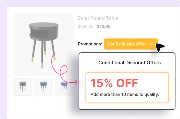 Product page displaying a 15 percent cart discount after adding at least eight products