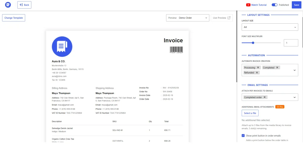 WowInvoice dashboard interface displaying layout settings, automation setting and email notification setting and a live preview 