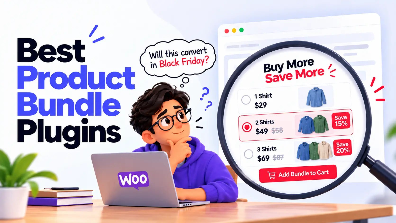 Graphic featuring 3D character using WooCommerce laptop next to a product bundle discount widget labeled Best Product Bundle Plugins.