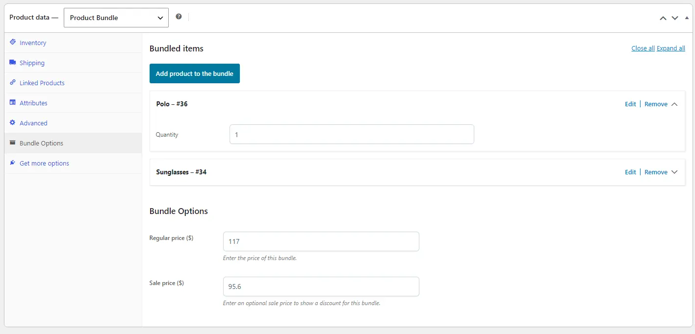 backend interface of yith bundle plugin