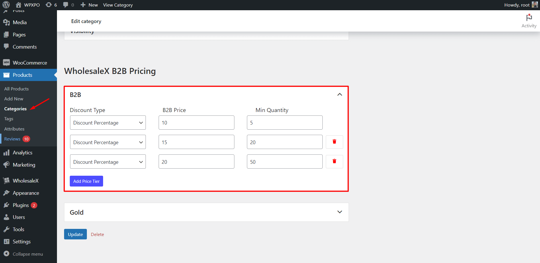 Adding Category Based Tiered Pricing