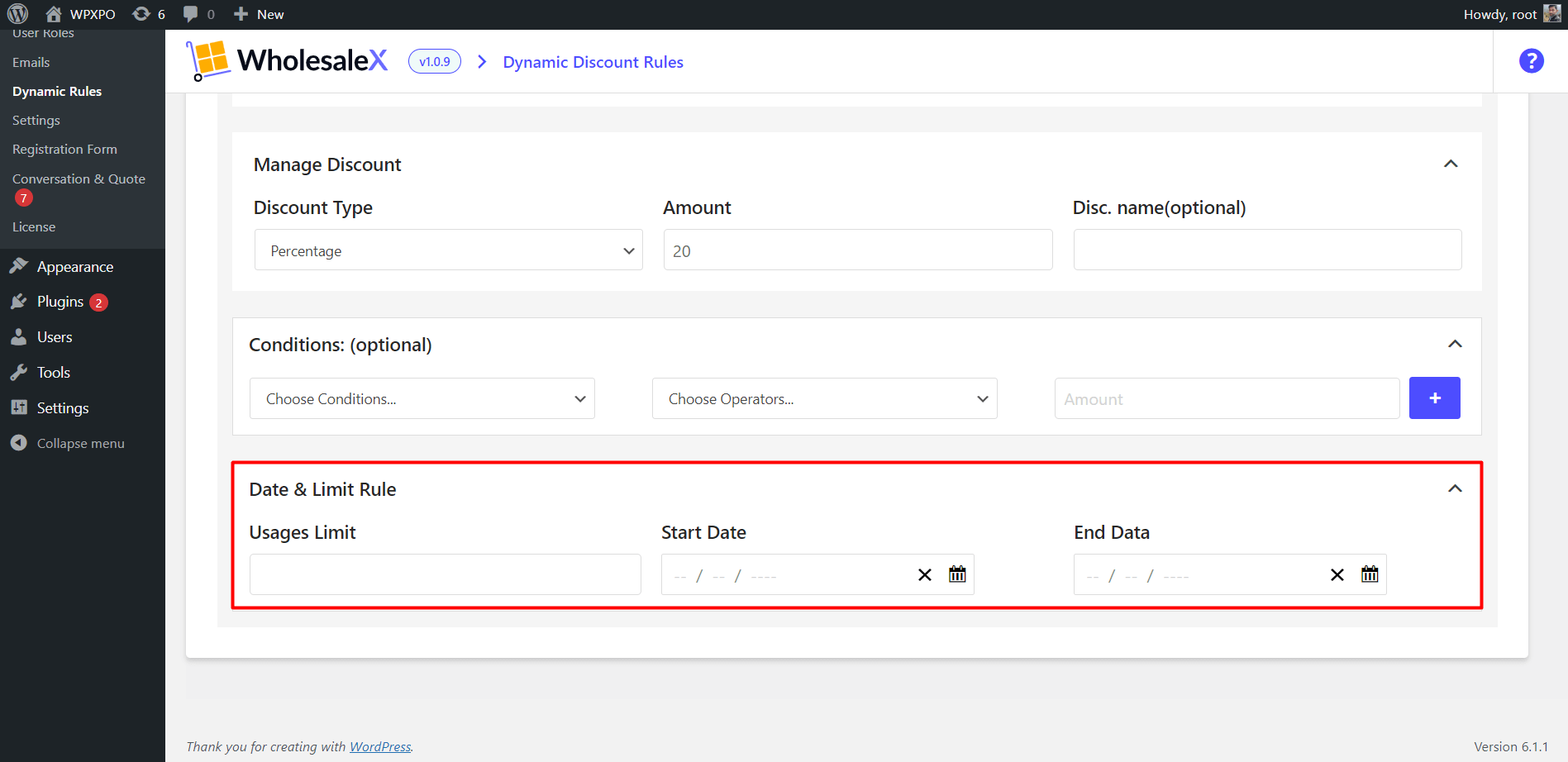 Optional Usages Limit, Start and End Date