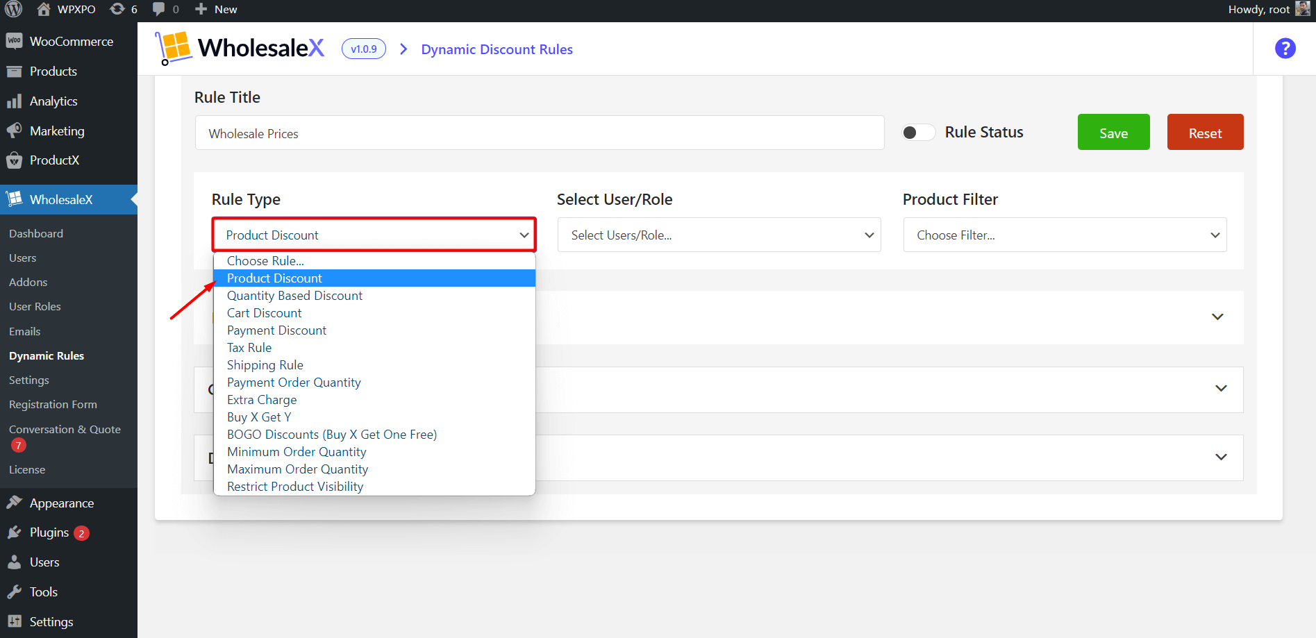 Selecting Product Discount Rule Type